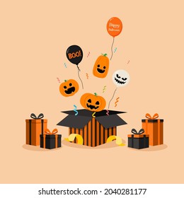 Calabazas de dibujos animados espeluznantes y espeluznantes con globos y cajas de regalo sobre el fondo naranja. Feliz fiesta de halloween con pancarta plana o plantilla vectorial de afiches. Elementos decorativos para las fiestas de Halloween.