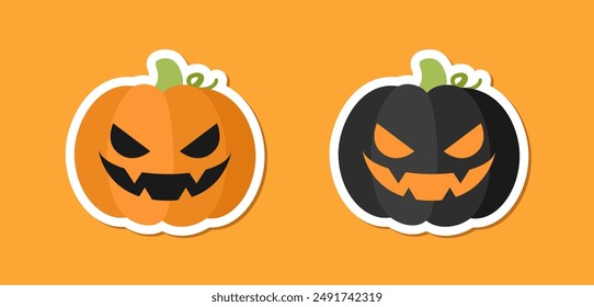 Scary spooky evil pumpkin jack o lantern sticker design set. Traditional decoration symbol of halloween trick or treat holiday celebration. Vector illustration.