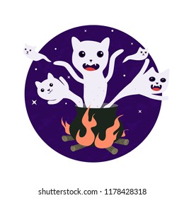 Scary spooky ghost cats fly from the pot with magic potion. Hot broth is boiling on the open fire. Halloween cartoon vector illustration on white background.