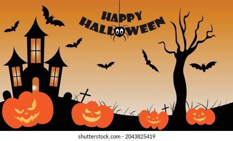 scary spooky haunted house illustration Halloween with bats, pumpkin, castle, graveyard 