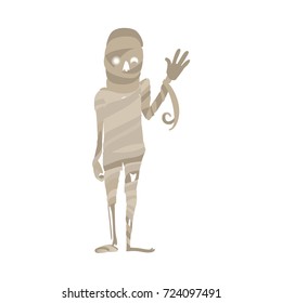 Scary, spooky mummy waving hello, Egypt symbol, Halloween costume, flat cartoon vector illustration isolated on white background. Egyptian mummy, dead, undead monster, hand raised in greeting