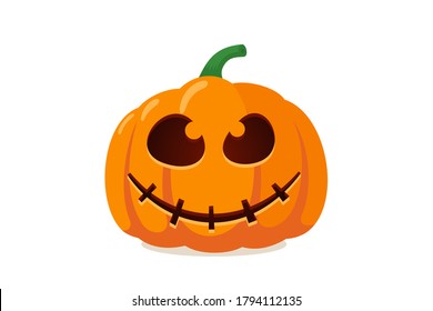 Scary spooky pumpkin jack o lantern with creepy ghost fear smile. Traditional happy halloween holiday celebration horror decoration evil symbol. Flat vector illustration isolated on white background