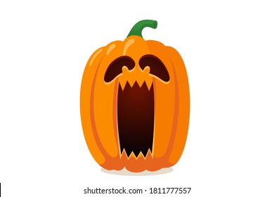 Scary spooky pumpkin jack o lantern with creepy ghost fear screaming ghost face. Traditional happy halloween holiday celebration horror decoration evil symbol. Flat vector illustration isolated
