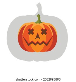 Scary spooky pumpkin jack-o-lantern with creepy toothy smile. Traditional horror decoration evil symbol of happy halloween holiday celebration. Flat vector illustration isolated on white background