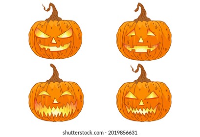 Scary spooky smile jack o lantern with creepy tooth’s. Traditional decoration symbols of Halloween holiday celebrations. Vector illustrations isolate pattern background wallpaper.