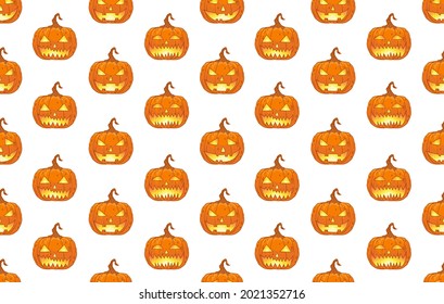 Scary spooky smile pumpkin jack o lantern with creepy tooth’s. Traditional decoration symbols of Halloween holiday celebrations vector illustrations isolate on white background. Jack o lantern pattern