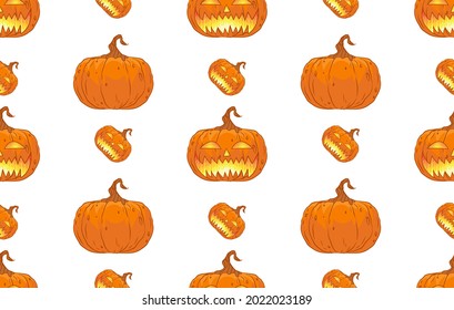 Scary spooky smile pumpkin jack o lantern with creepy tooth’s. Traditional decoration symbols of Halloween holiday celebrations vector illustrations isolate on white background. Jack o lantern pattern