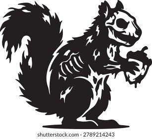 Scary Squirrel Skeleton Silhouette Holding an Acorn for Halloween Design