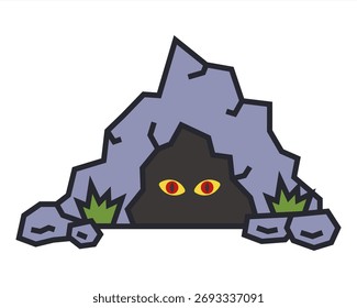 Cueva de piedra de miedo con un monstruo en el interior. Ilustración plana.