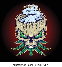 Scary stone skull with weed leaf smoke vector illustrations for your work logo, merchandise t-shirt, stickers and label designs, poster, greeting cards advertising business company or brands