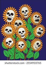 Scary sunflower skull Halloween vector creepy flower illustration