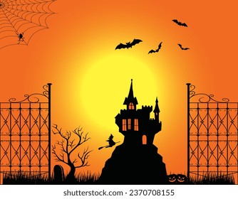 Scary sunset Halloweens background  with witch house