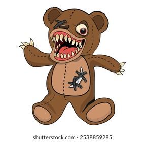 Scary teddy bear with claws and fangs, horror character, vector illustration.