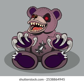 Scary teddy bear with claws and fangs, horror character, vector illustration.