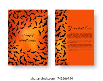 Scary template brochure with bats for festive Halloween design on the orange backdrop. Vector illustration.