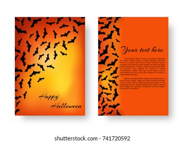 Scary template for postcard design with bats for festive Halloween design on the orange backdrop. Vector illustration.