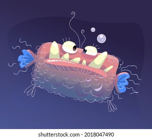 Scary and terrible deep sea monster fish. Cute and funny creature in vector