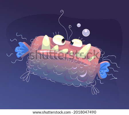 Scary and terrible deep sea monster fish. Cute and funny creature in vector