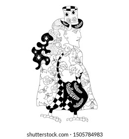 Scary, terrible Satan, whose clothes are covered with patterns of Halloween symbols. Zenart. Anti-stress coloring.
