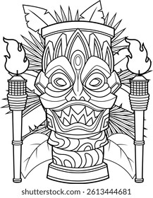 Scary Tiki Mask Coloring Page With Torches And Tribal Elements - Vector Hand Drawn Illustration Isolated On Transparent Background