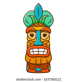 Scary tiki mask.Tribal ethnical vector cartoon style.Isolated on a white background.Design icon for tropical party.