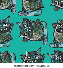 Scary toothy cats on turquoise background.Seamless.