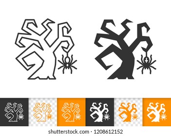 Scary Tree black linear and silhouette icons. Thin line sign of spider. Halloween outline pictogram isolated on white, transparent background. Vector Icon shape. Scary Tree simple symbol closeup