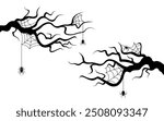 Scary tree branches with cobwebs and spiders. Poster holiday background template and Halloween cards. Isolated black silhouette on a white background. Vector illustration