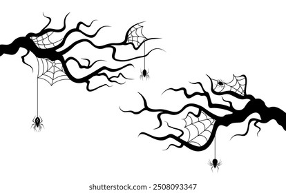 Scary tree branches with cobwebs and spiders. Poster holiday background template and Halloween cards. Isolated black silhouette on a white background. Vector illustration