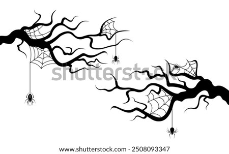 Scary tree branches with cobwebs and spiders. Poster holiday background template and Halloween cards. Isolated black silhouette on a white background. Vector illustration