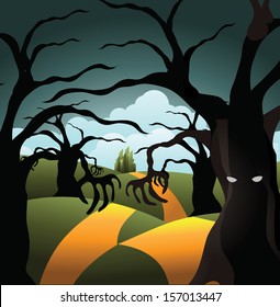 Scary tree forest on the road to the Emerald City. EPS 10 vector, grouped for easy editing. No open shapes or paths.