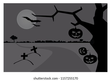 Scary tree and a graves on the road to the dark forest