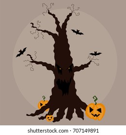 Scary tree. Halloween. Pumpkins, bats. Cartoon. Vector