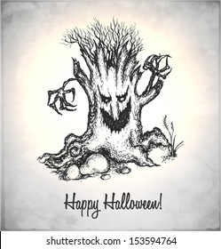 Scary tree. Monster in a sketch style. Hand-drawn card for Halloween. Vector illustration.