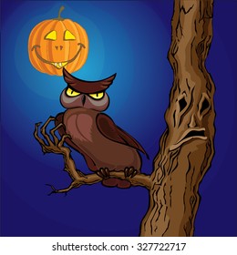 scary tree with owl and pumpkin