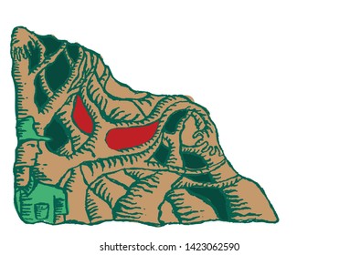 A scary tree with red devilish eyes and branches like hands  seems to  get a man behind. Halloween, mental health issue or nightmare concept. Editable clip art.
