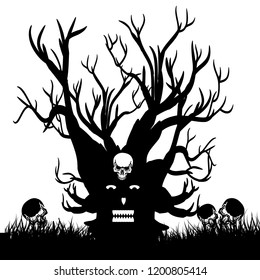 Scary tree with skull, silhouette design for Halloween holiday, on white background, vector