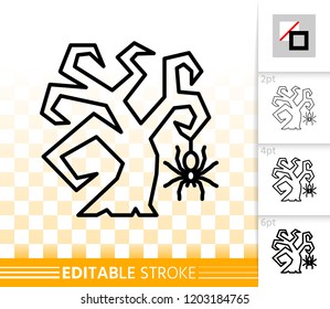 Scary Tree thin line icon. Outline web sign of spider. Halloween linear pictogram with different stroke width. Simple vector symbol transparent background. Scary Tree editable stroke icon without fill