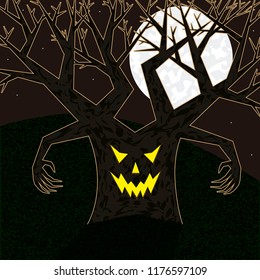 Scary tree with threatening hands on a full moon night on Halloween.
