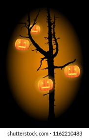 Scary tree vector with hanging haloween carved pumpkins.