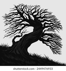 Scary tree without leaves. Black and white landscape. Vector illustration