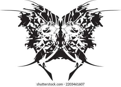 Scary tribal butterfly wings in black-white tonality for shield emblems or tattoos. Gothic ornamental butterfly for fabric products, web icons, textiles, labels, interior, fashion trends, cards, etc.