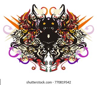 Scary tribal colorful butterfly wings. Awful butterfly inspiring fear with the color twirled decorative elements and arrows isolated on white