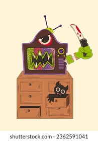 Scary TV monster in retro cartoon style. Horror themed scene. TV waves background, no signal. Ghost concept.