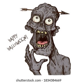 Scary ugly Zombie with an arrow in the head. Happy Halloween