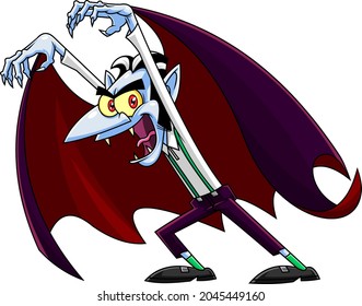 Scary Vampire Cartoon Character Attacking With Hands Up. Vector Hand Drawn Illustration Isolated On Transparent Background