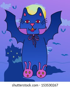 Scary vampire cat on background with moon, bats and castle