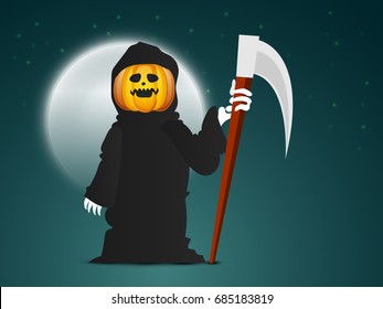 Gruselvampir mit Kürbisgesicht, die eine Axt auf Vollmond-Nachthintergrund für Happy Halloween-Feiern hält.