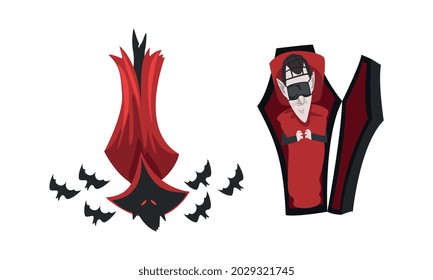Scary Vampire Set, Count Dracula Character Sleeping in Coffin and Flying with Bats, Happy Halloween Concept Cartoon Vector Illustration