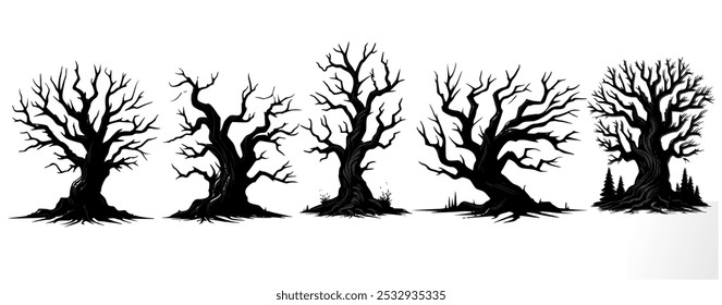 scary vector dead trees isolated on white. detailed crooked spooky leafless trees set.	
